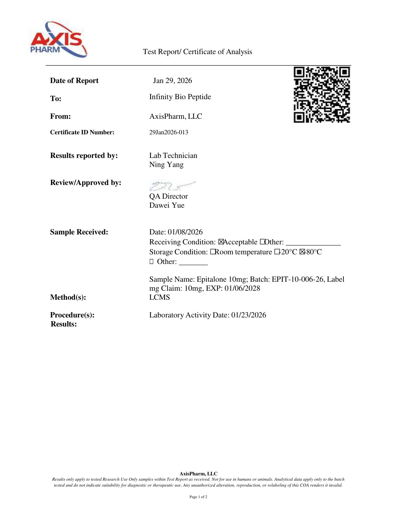 Epitalon 10mg COA — page 1