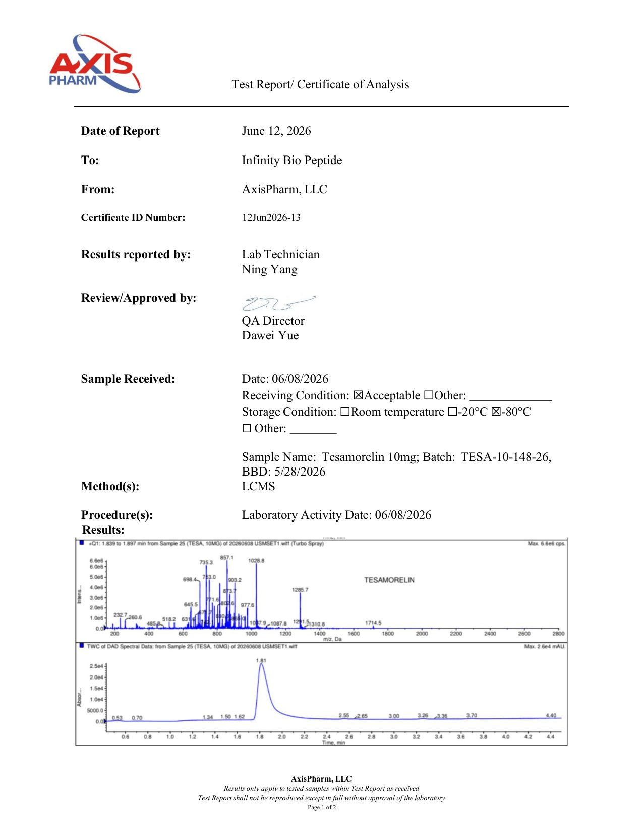 Tesamorelin 10mg COA — page 1